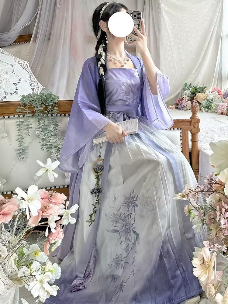 Chinese Hanfu Women Traditional Cosplay Costume Ancient Song Dynasty 2025 Summer Purple Print Hanfu 3pcs Suit