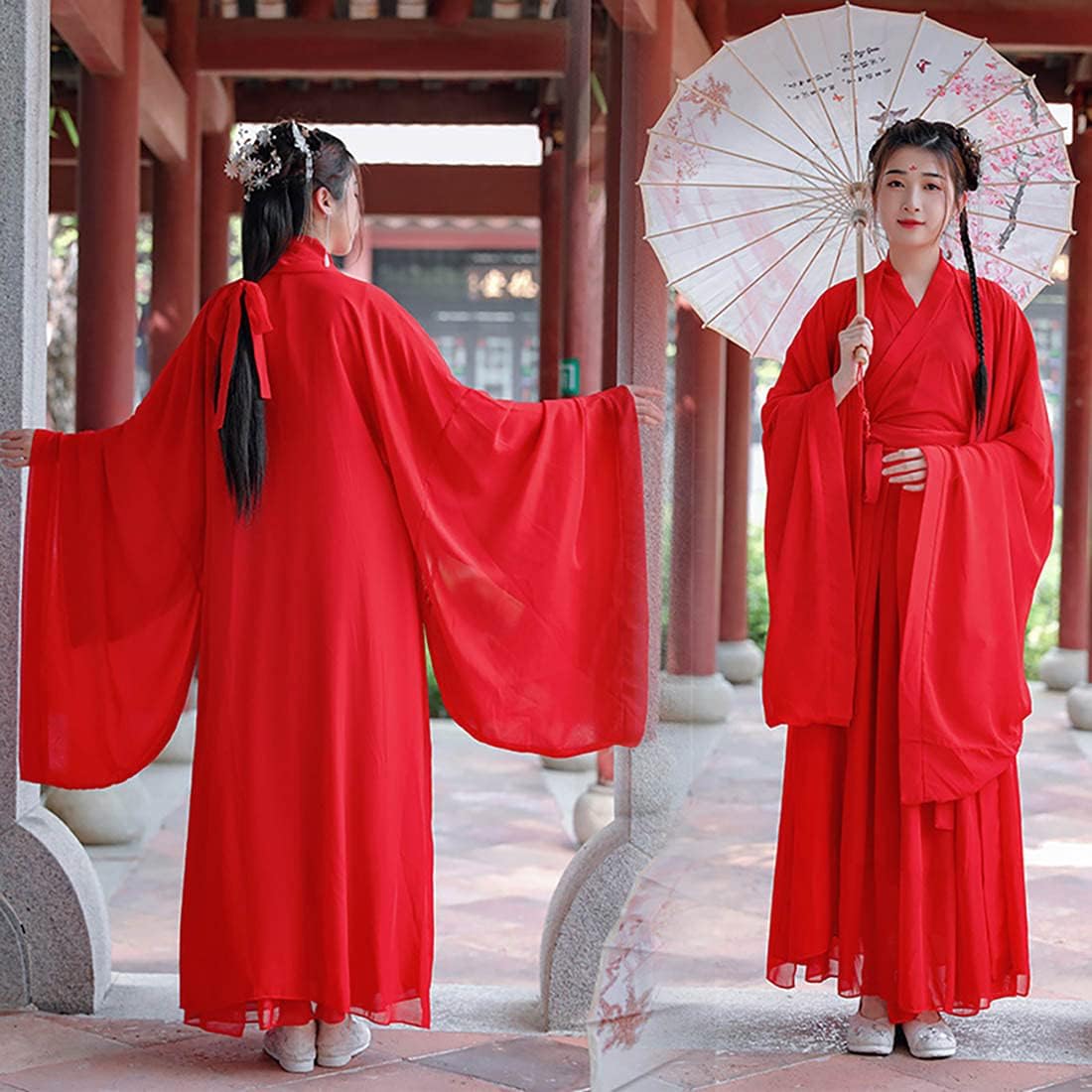 BooW Women's Traditional Chinese Costume Flowy Hanfu Dress Outfit Martial Art Chinese Dance Performance Wear (041# Red, M)