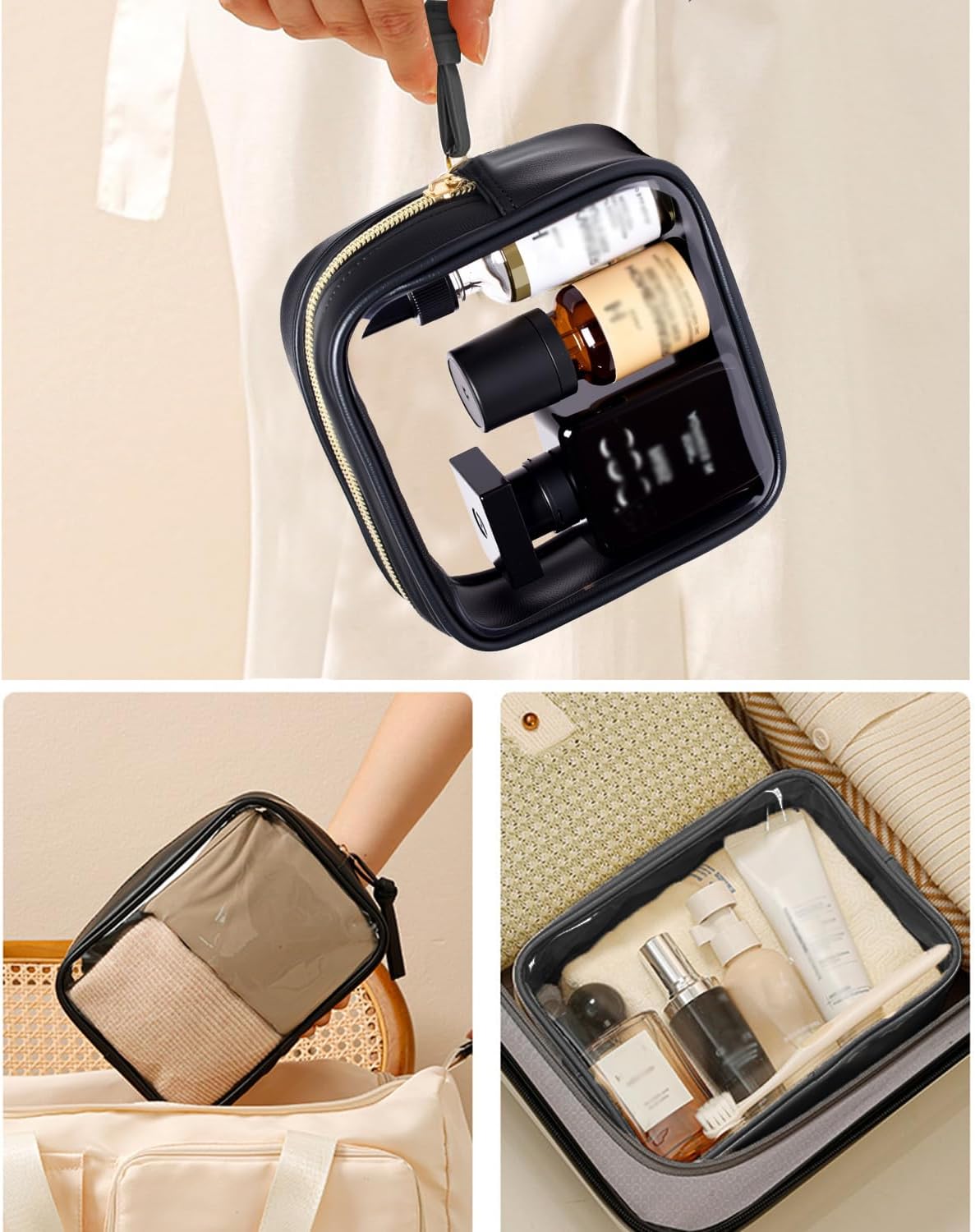 3Pcs Travel Clear Makeup Bag Set for Women, Transparent Toiletry Bag with Zipper Portable Makeup Pouch Organizer Waterproof Small Cosmetic Bag Compact Car Bag Organizer Car Accessories (Black Set)