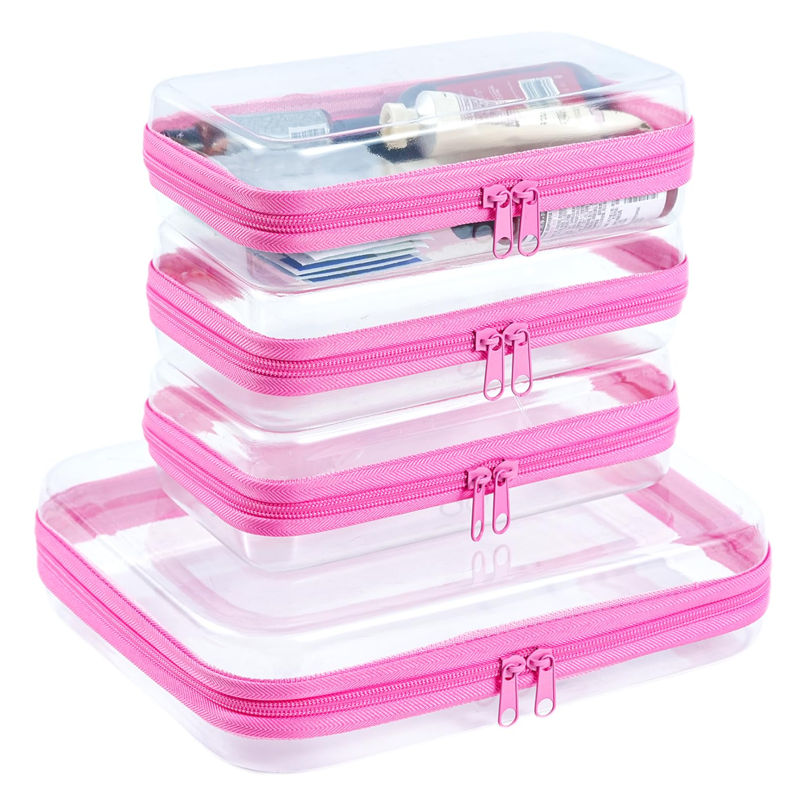 4 pcs Clear Zipper Pouches,Hard Shell Zipper Case, Toiletry Bag for Travel, CLear Diaper Bag, Toiletry Pouch, Travel Organizer, Cosmetic Bag,Toy Storage Bins (M+3S)