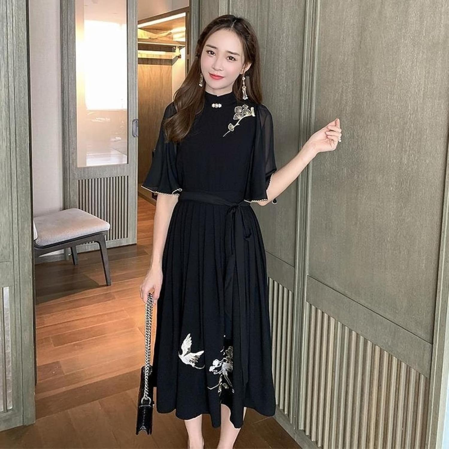 Vintage Black Dress Chinese Style Harajuku Casual Summer Vestido Women Clothing Midi Party Robe Femme Elegant Clothes