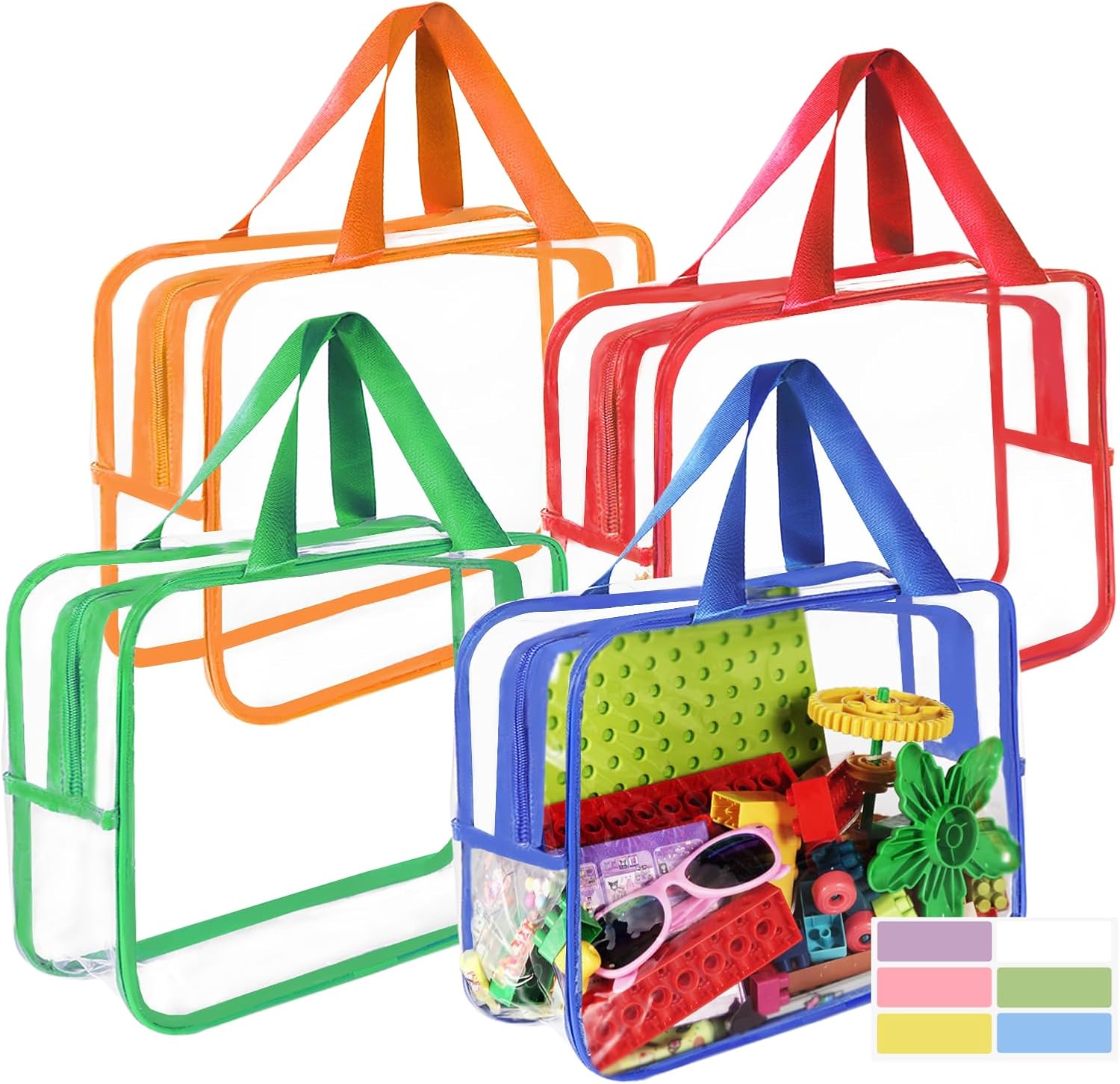 4 Pcs Toy Storage Bags, Clear PVC Toy Organizer with Zipper, Waterproof Travel Bags with Labels for Building Blocks, Puzzle, Kids Books (multicolor2)
