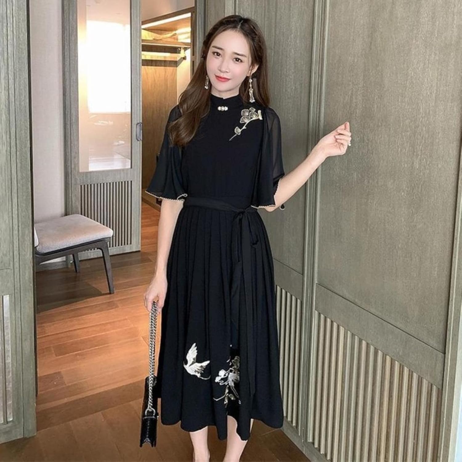 Vintage Black Dress Chinese Style Harajuku Casual Summer Vestido Women Clothing Midi Party Robe Femme Elegant Clothes