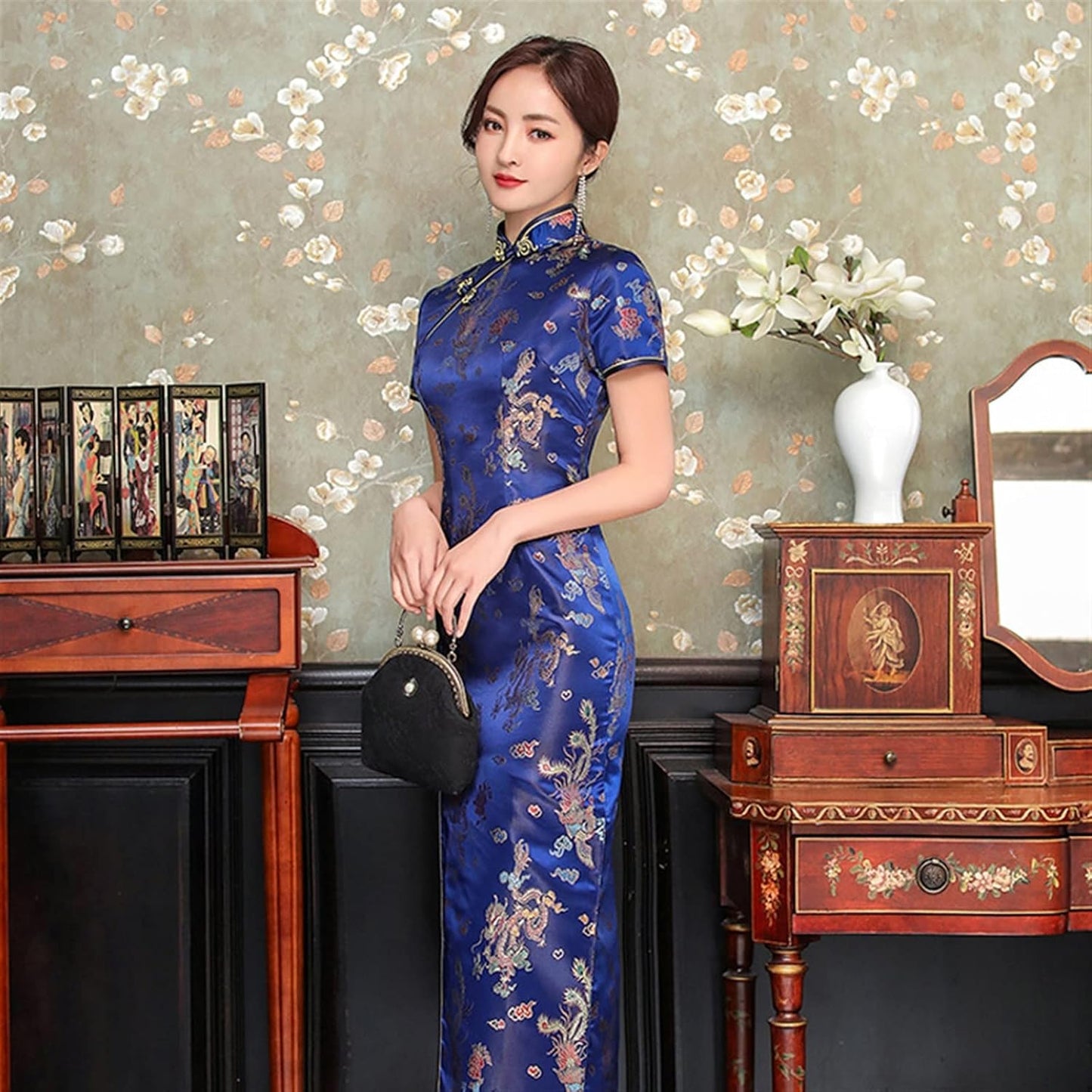 Sexy New Brocade Satin Long Fork Cheongsam Chinese Classic Women Qipao Elegant Short Sleeve Novelty Wedding Evening Dress