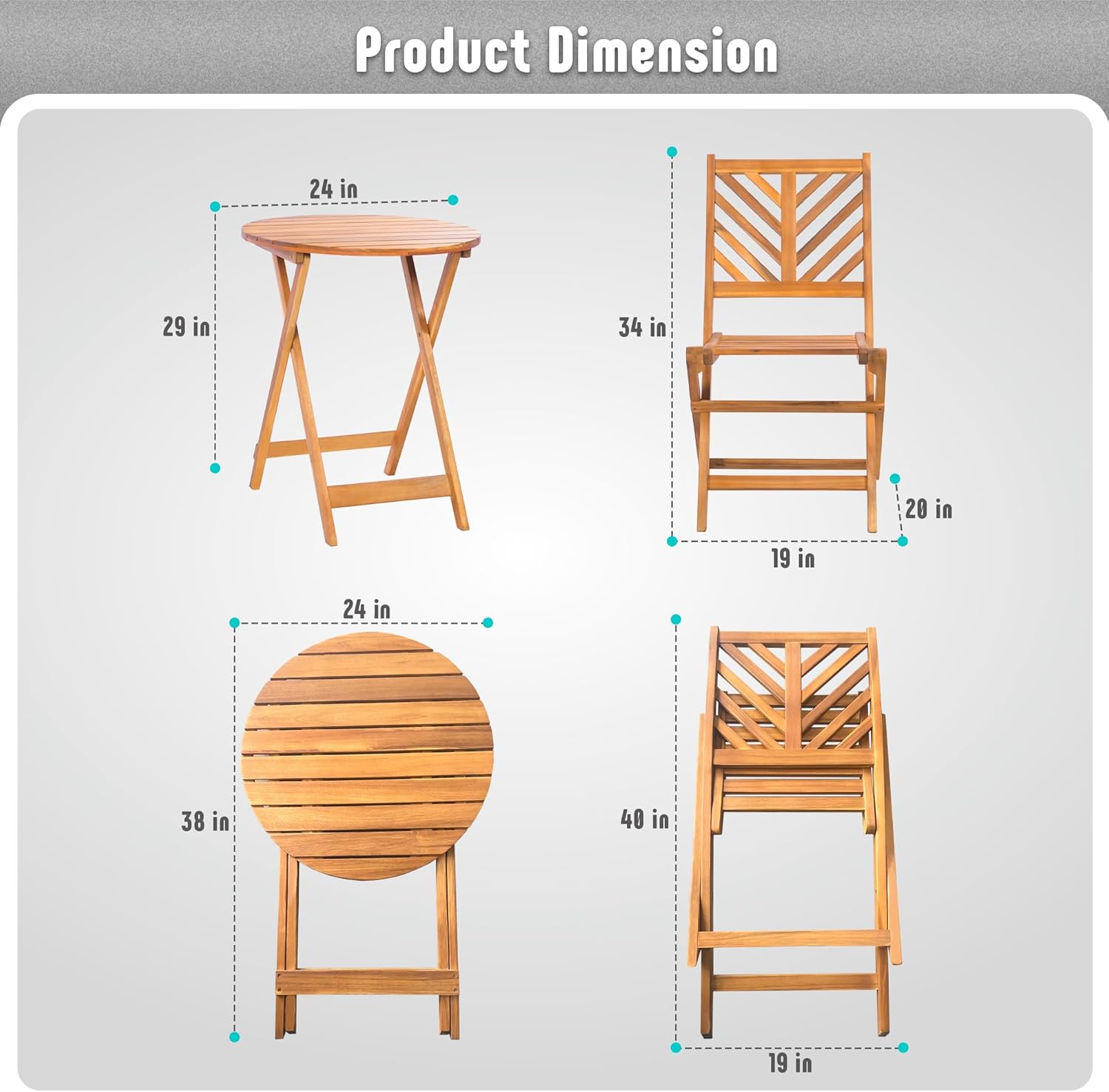 3-Piece Acacia Wood Patio Set, Foldable Bistro Table and Chairs Set of 2, Small Patio Furniture Set with Cushions, Folding Balcony Chairs Table Set for Apartment, Balcony, Deck or Porch