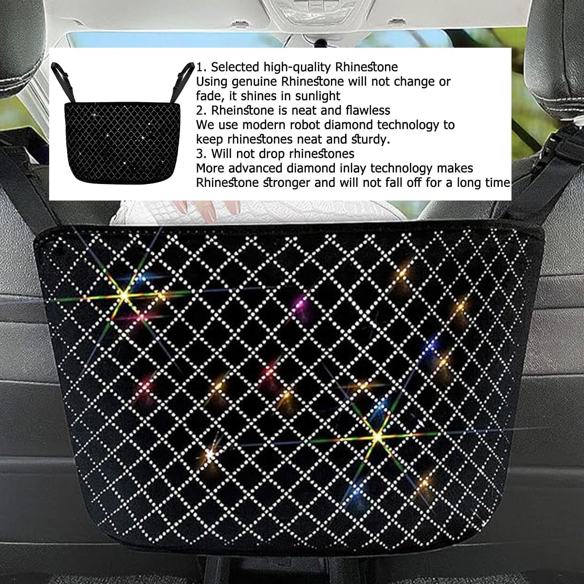 zipelo Bling Car Net Pocket Handbag Holder, Rhinestone Vehicle Backseat Purse Organizer Between Seats, Diamond Hanging Storage Bag Barrier of Pet Kids, Universal Automotive Accessories (Black)