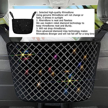 zipelo Bling Car Net Pocket Handbag Holder, Rhinestone Vehicle Backseat Purse Organizer Between Seats, Diamond Hanging Storage Bag Barrier of Pet Kids, Universal Automotive Accessories (Black)