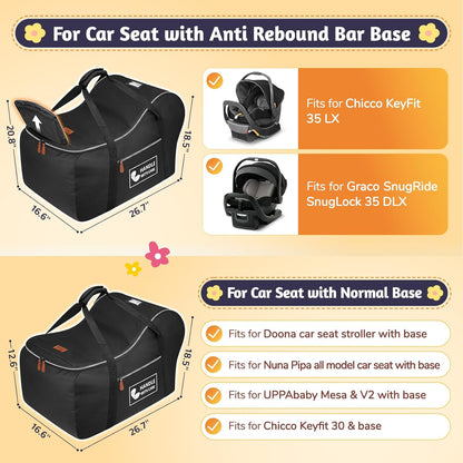 YOREPEK Car Seat Travel Bag Fits Infant Carseat with Anti-Rebound Bar Base, Padded Carseat Bags for Air Travel, Car Seat Airplane Cover with Side Pocket for Baby Essentials, Black