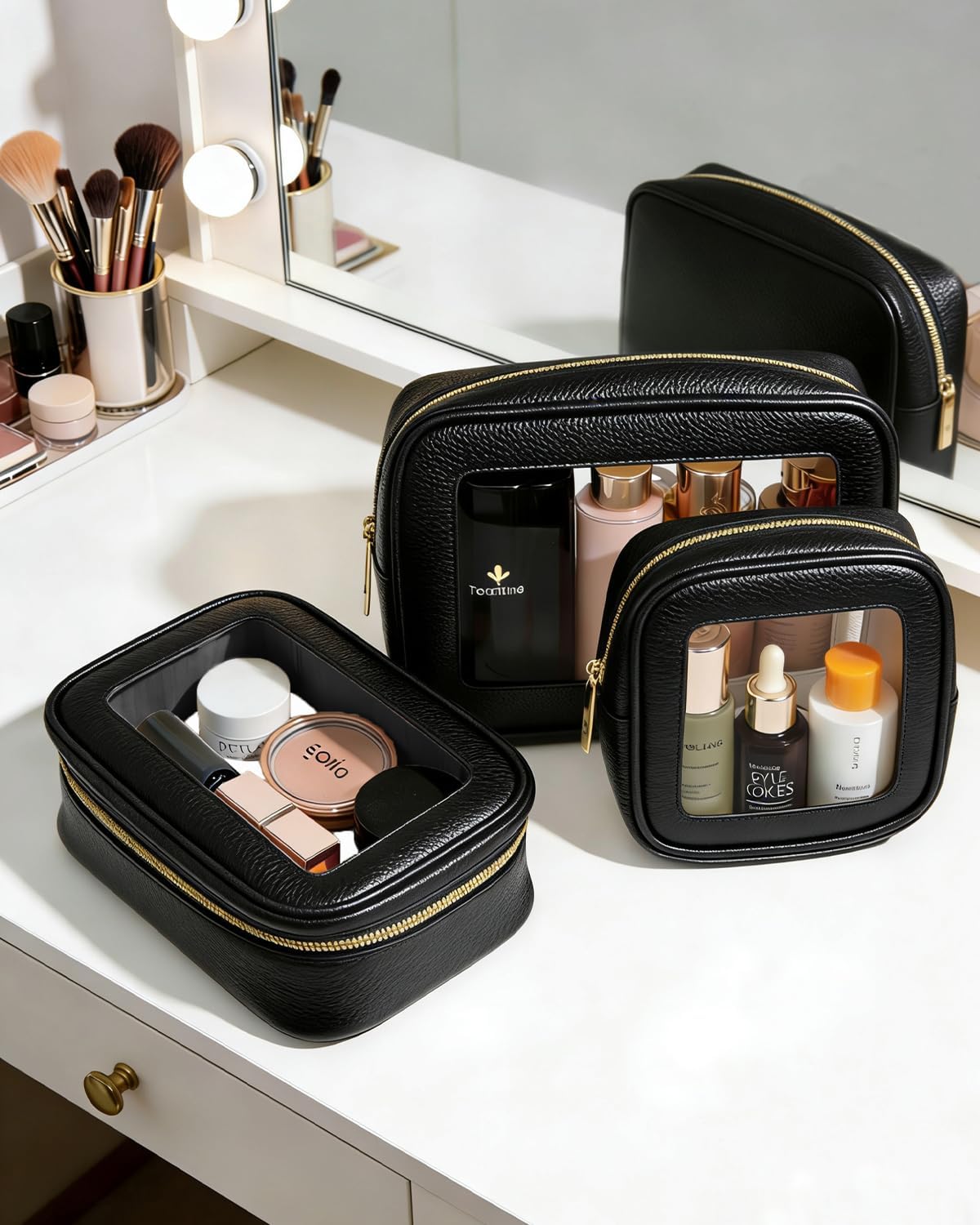 3Pcs Clear Makeup Bag Set for Women, Waterproof Travel Clear Makeup Bag Small Toiletry Bag Skincare Pouch Portable Travel Cosmetic Bag with Zipper Compact Car Organizer Bag for Essentials (Black Set)