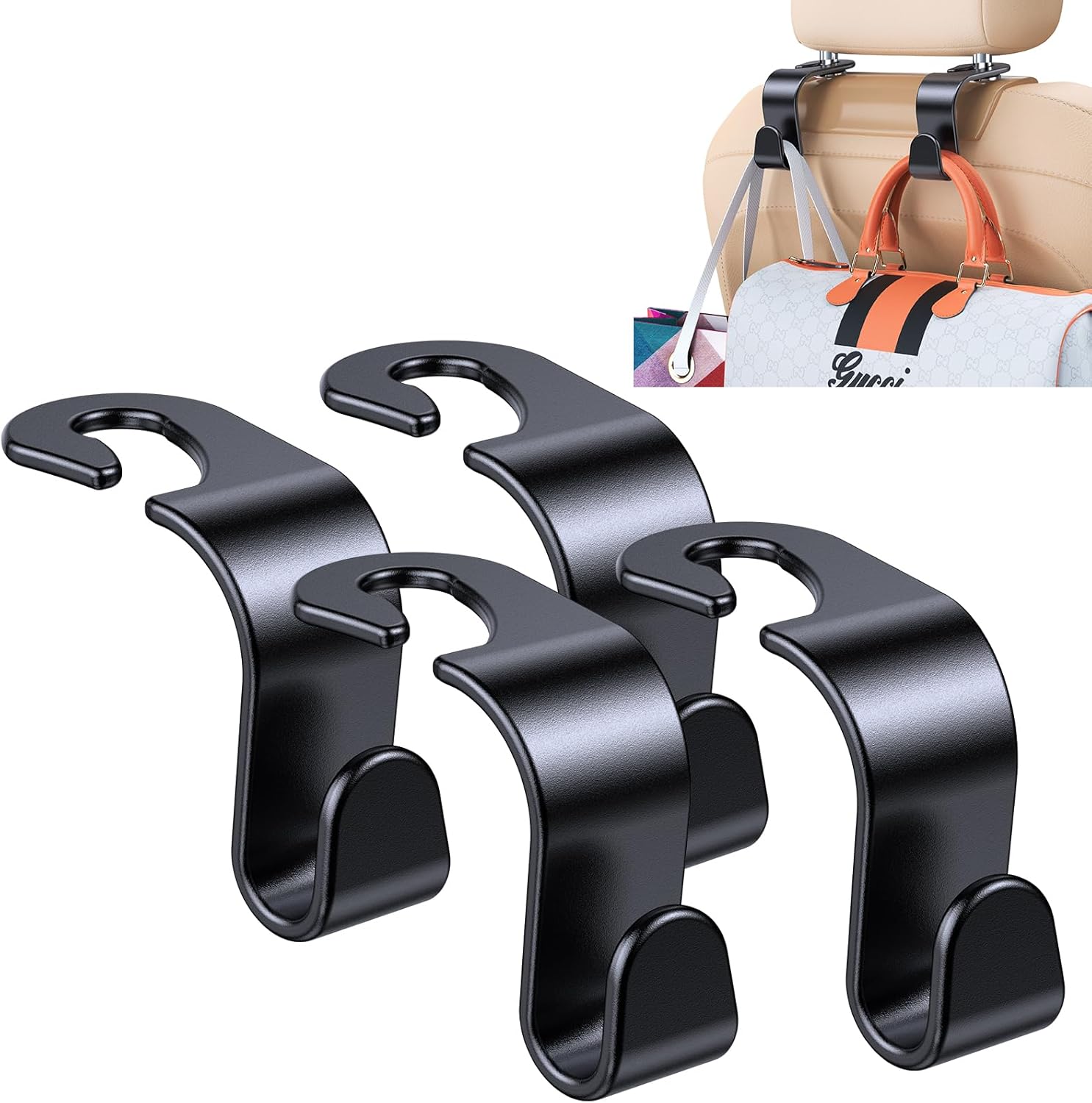 4 Pack Headrest Hooks for Car Seat Hooks for Headrest【Thickened And Durable】Purse Hook for Car Seat Storage Hook, Eco PP Car Hooks for Purse/Baby Gear/Gym Bag/Cup, Fits 0.32-0.55”Car Headrest Rods