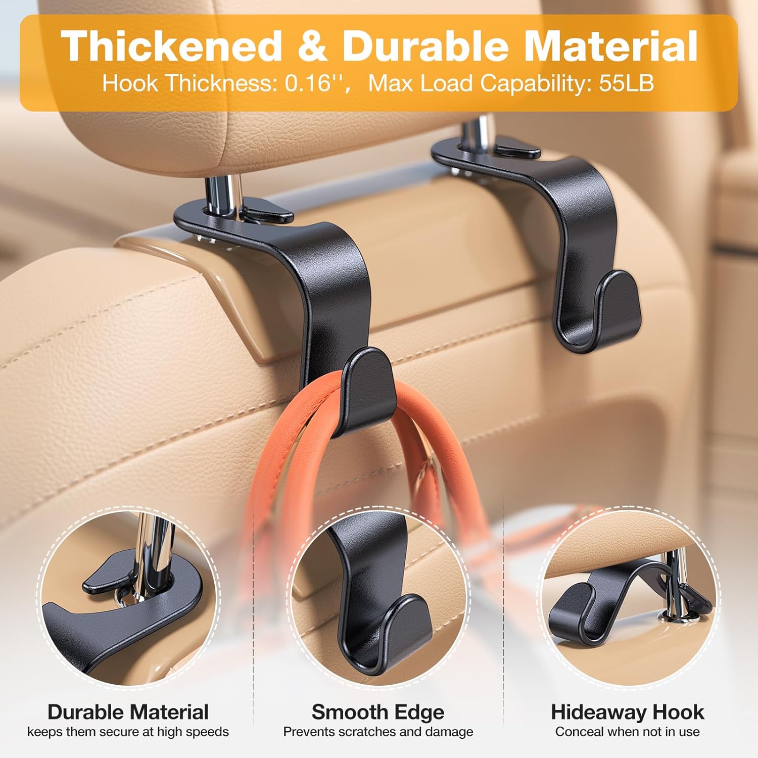 4 Pack Headrest Hooks for Car Seat Hooks for Headrest【Thickened And Durable】Purse Hook for Car Seat Storage Hook, Eco PP Car Hooks for Purse/Baby Gear/Gym Bag/Cup, Fits 0.32-0.55”Car Headrest Rods