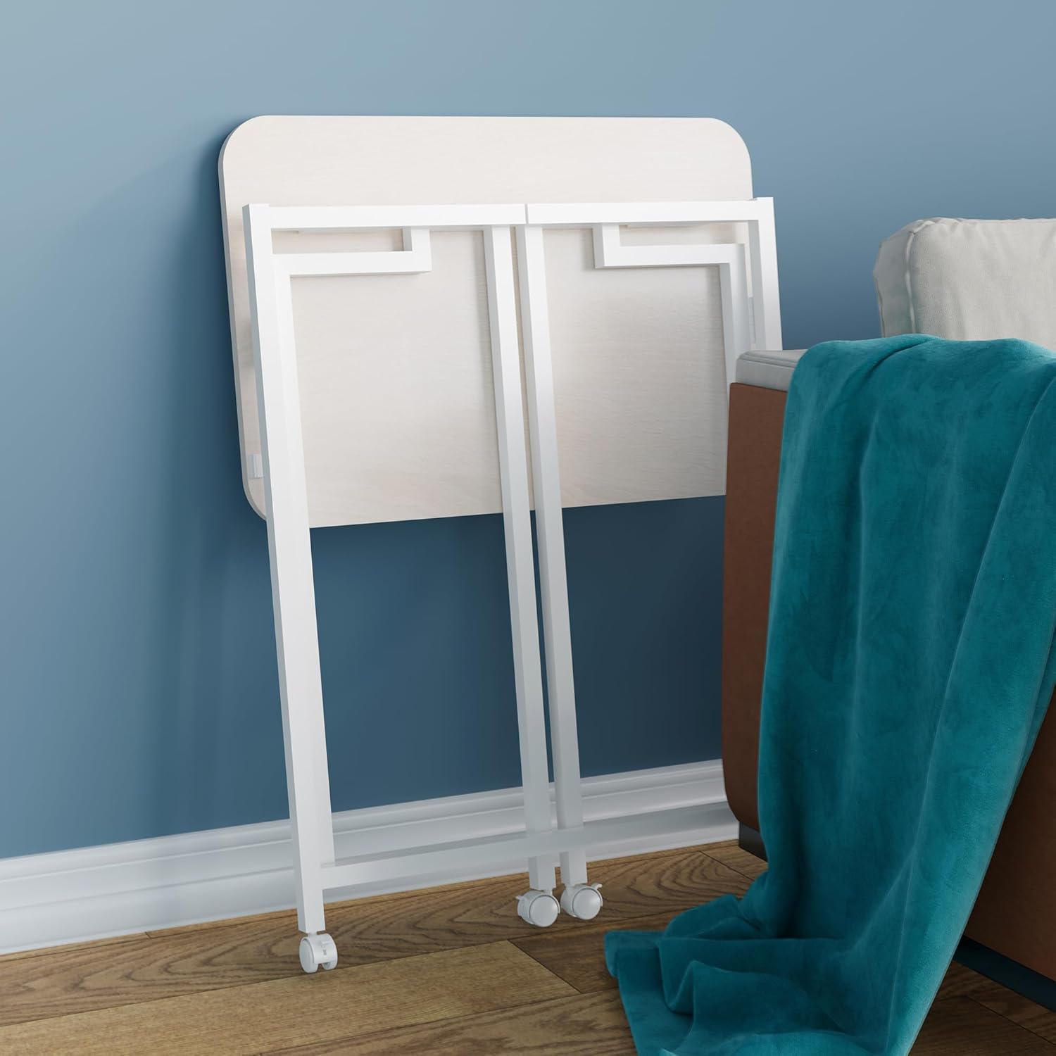 4NM 23.6" Mobile Small Rolling Computer Desk, Folding Laptop Cart Table with Wheels, Portable Office Desk for Small Space Couch Bed - All White