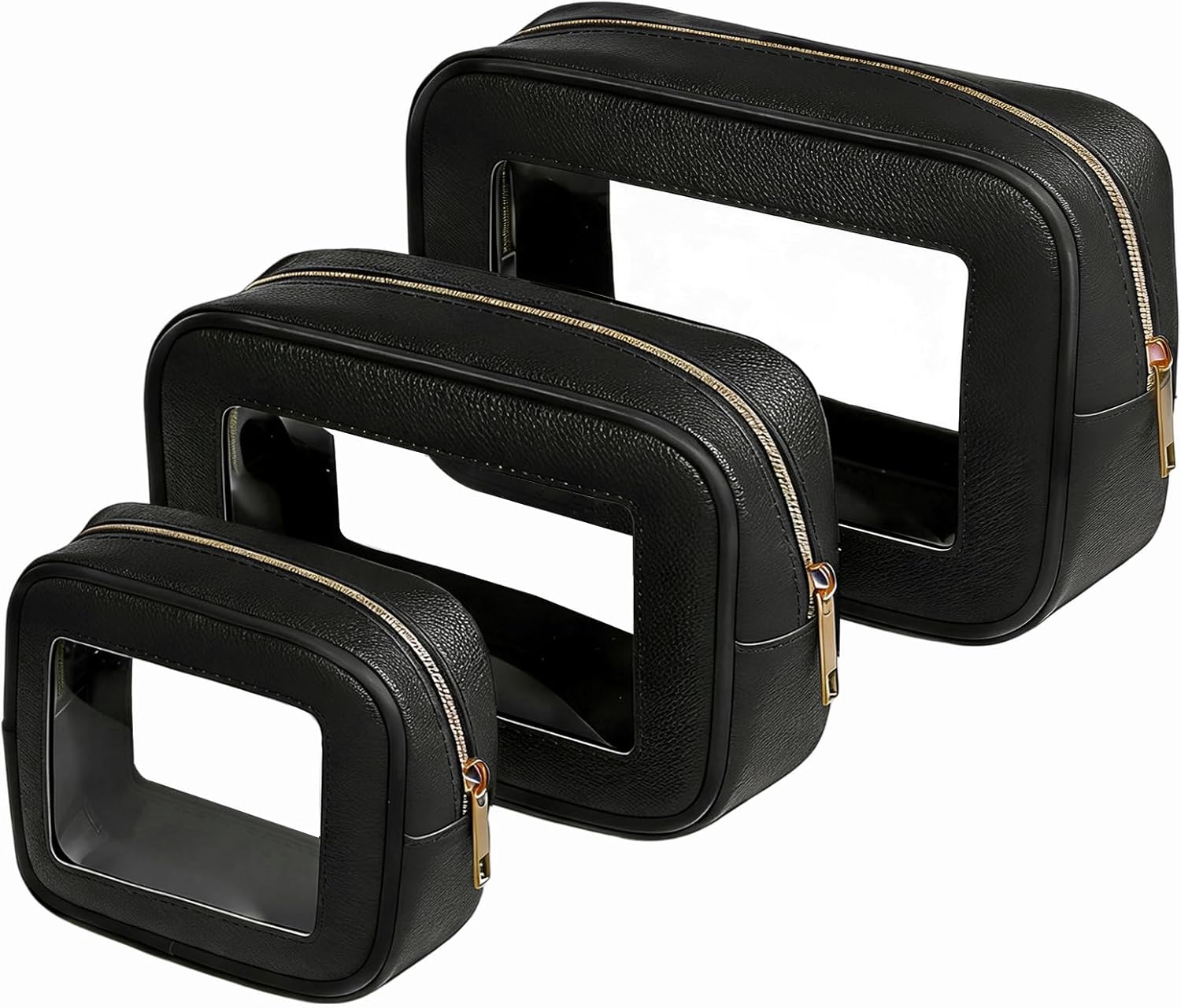3Pcs Clear Makeup Bag Set for Women, Waterproof Travel Clear Makeup Bag Small Toiletry Bag Skincare Pouch Portable Travel Cosmetic Bag with Zipper Compact Car Organizer Bag for Essentials (Black Set)