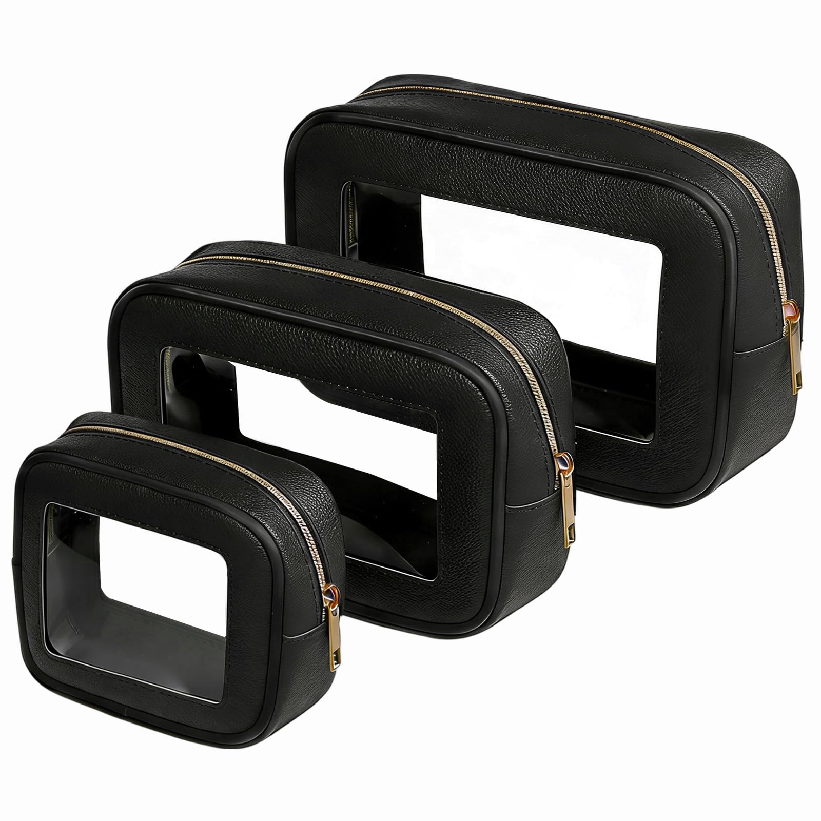 3Pcs Clear Makeup Bag Set for Women, Waterproof Travel Clear Makeup Bag Small Toiletry Bag Skincare Pouch Portable Travel Cosmetic Bag with Zipper Compact Car Organizer Bag for Essentials (Black Set)