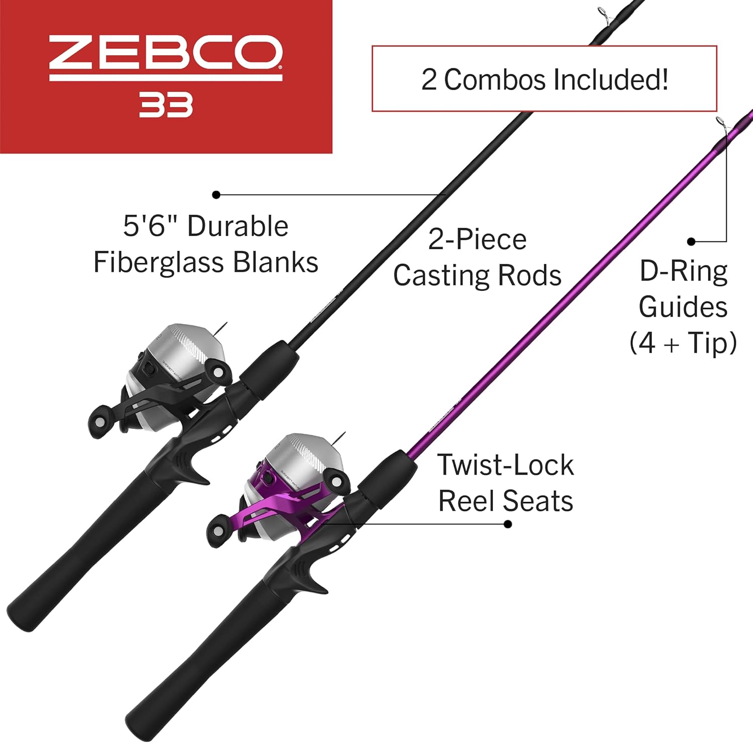 Zebco 33 Spincast Reel and 2-Piece Fishing Rod Combo, 5-Foot 6-Inch Durable Fiberglass Rod, Quickset Anti-Reverse Fishing Reel with Bite Alert