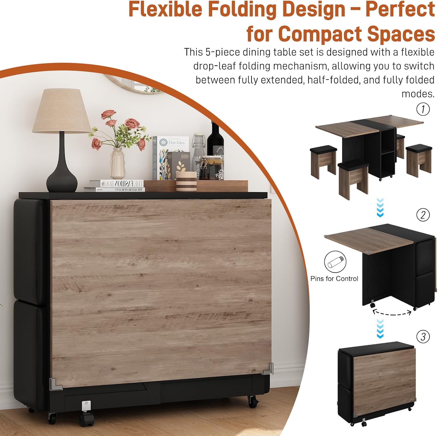 5 PCS Farmhouse Dining Table Set for 4,60" Large Folding Dining Table Set w/ 4 Leather Chairs, Drop Leaf Foldable Kitchen Table for Small Spaces,Barn Door Design,6 Wheels,2-Layer Storage Shelf,Black