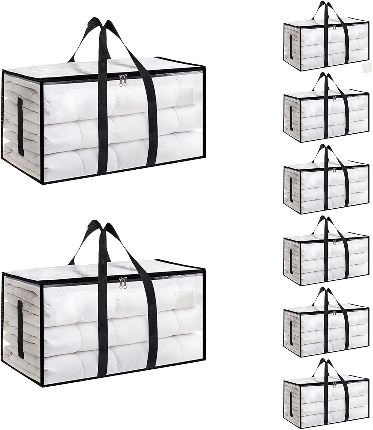 8 Pack-Extra Large Heavy Duty Moving Bags - Waterproof Storage Totes with Handles & Zippers, Foldable for College Dorm, Storage (Clear)