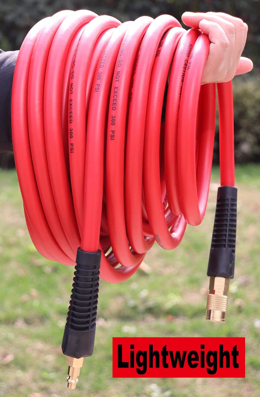YOTOO Hybrid Air Hose 3/8-Inch by 50-Feet 300 PSI Heavy Duty, Lightweight, Kink Resistant, All-Weather Flexibility with 1/4-Inch Brass Male Fittings, Bend Restrictors, Red