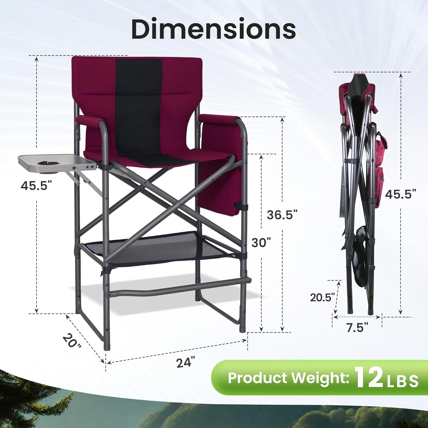 30" Bar Height Director Chair - 400lbs Heavy Duty with Detachable Footrest & Side Table, Portable Foldable Chair for Makeup Artists/Outdoor Events (Wine Red)