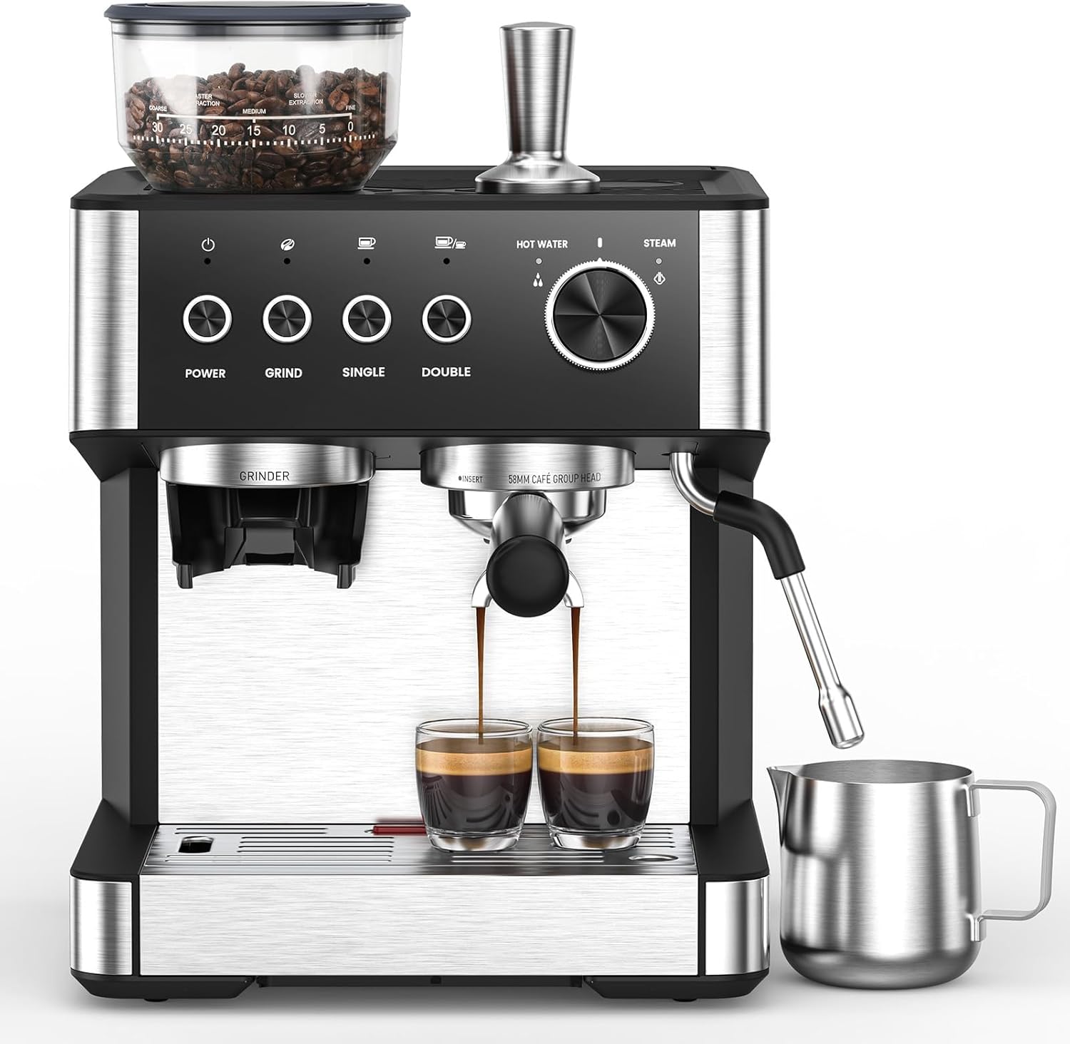 (2026 Upgrade) Espresso Machine with Grinder, Expresso Coffee Machines with Built-in Anti-Clog Coffee Grinder/Milk Steam Wand/Frother, Expresso Machines for Home Perfect Cappuccino & Latte-Gloss Black