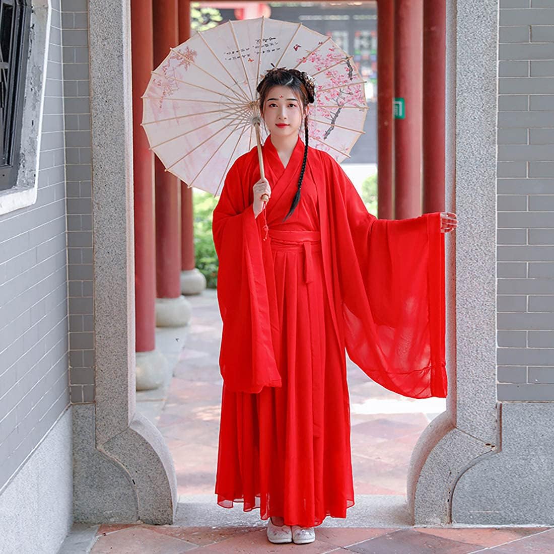 BooW Women's Traditional Chinese Costume Flowy Hanfu Dress Outfit Martial Art Chinese Dance Performance Wear (041# Red, M)