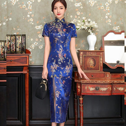 Sexy New Brocade Satin Long Fork Cheongsam Chinese Classic Women Qipao Elegant Short Sleeve Novelty Wedding Evening Dress