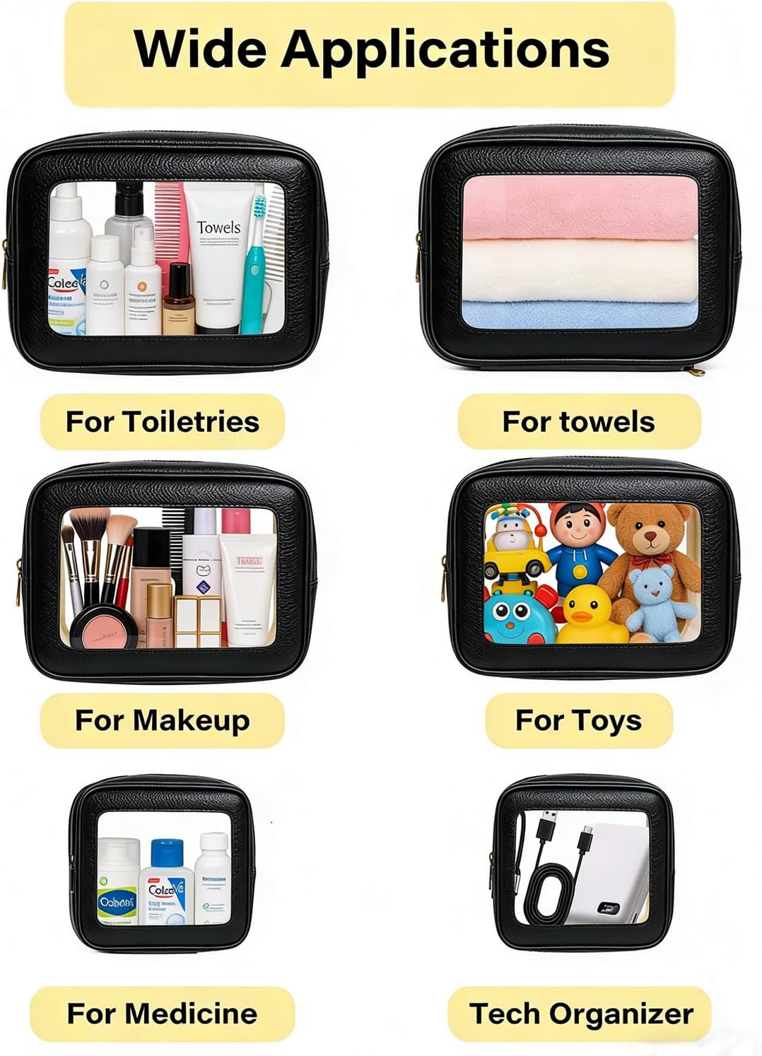 3Pcs Clear Makeup Bag Set for Women, Waterproof Travel Clear Makeup Bag Small Toiletry Bag Skincare Pouch Portable Travel Cosmetic Bag with Zipper Compact Car Organizer Bag for Essentials (Black Set)