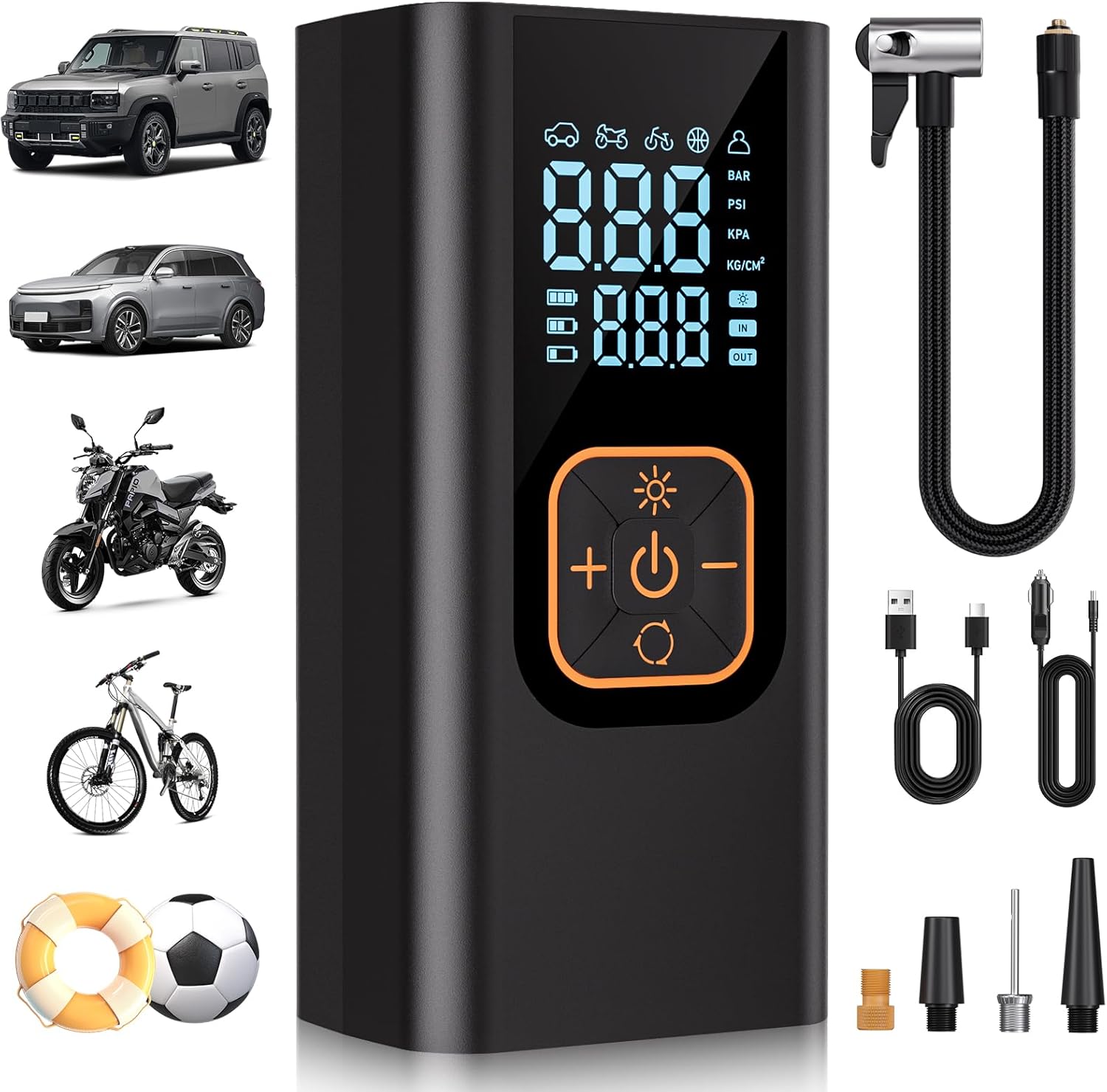 180PSI Tire Inflator Portable Air Compressor, 6X Faster Air Pump for Car Tires with Digital Pressure Gauge, 12V DC Adapter, LED Light, Portable Tire Inflator for Car, Motorcycle, Bike, Obsidian