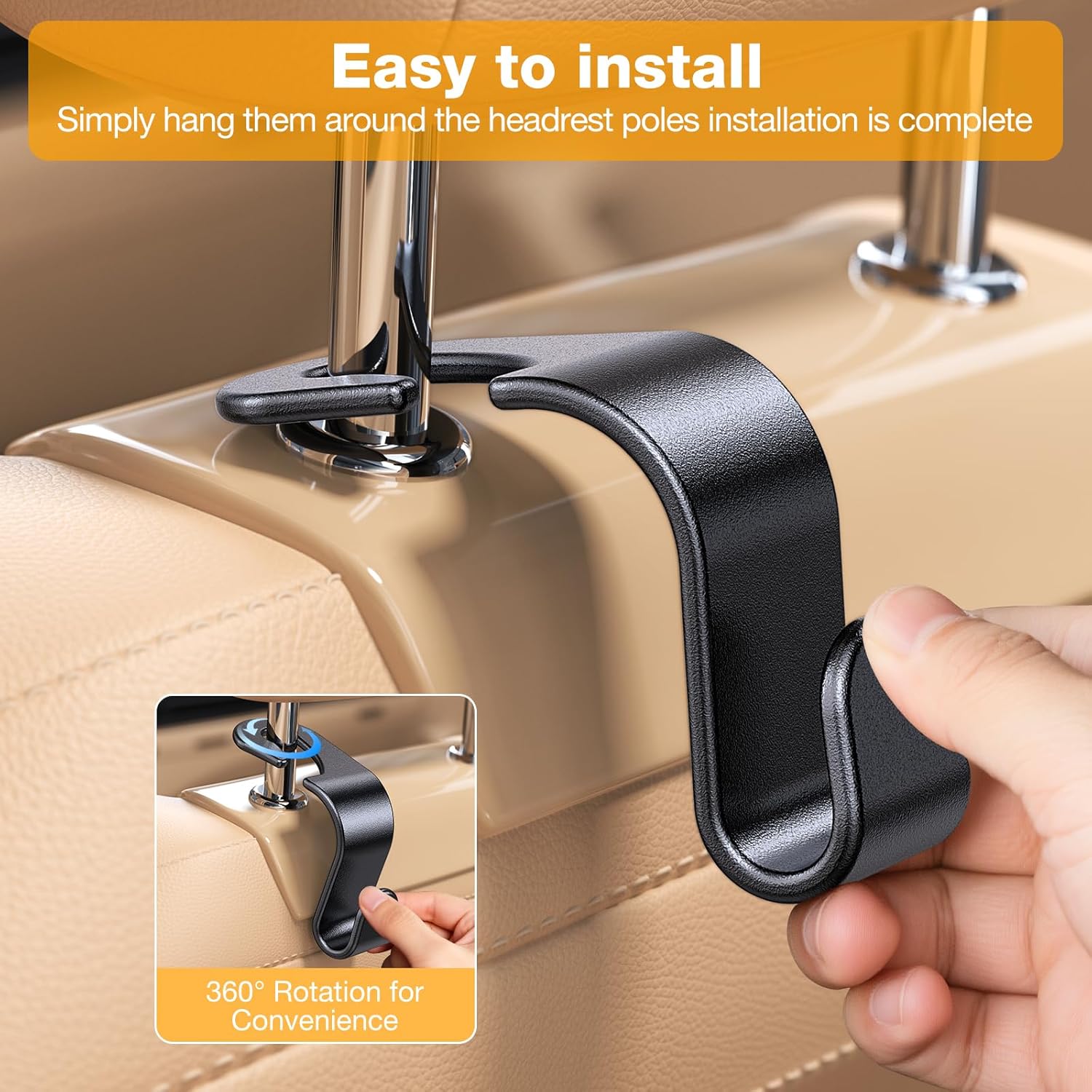 4 Pack Headrest Hooks for Car Seat Hooks for Headrest【Thickened And Durable】Purse Hook for Car Seat Storage Hook, Eco PP Car Hooks for Purse/Baby Gear/Gym Bag/Cup, Fits 0.32-0.55”Car Headrest Rods