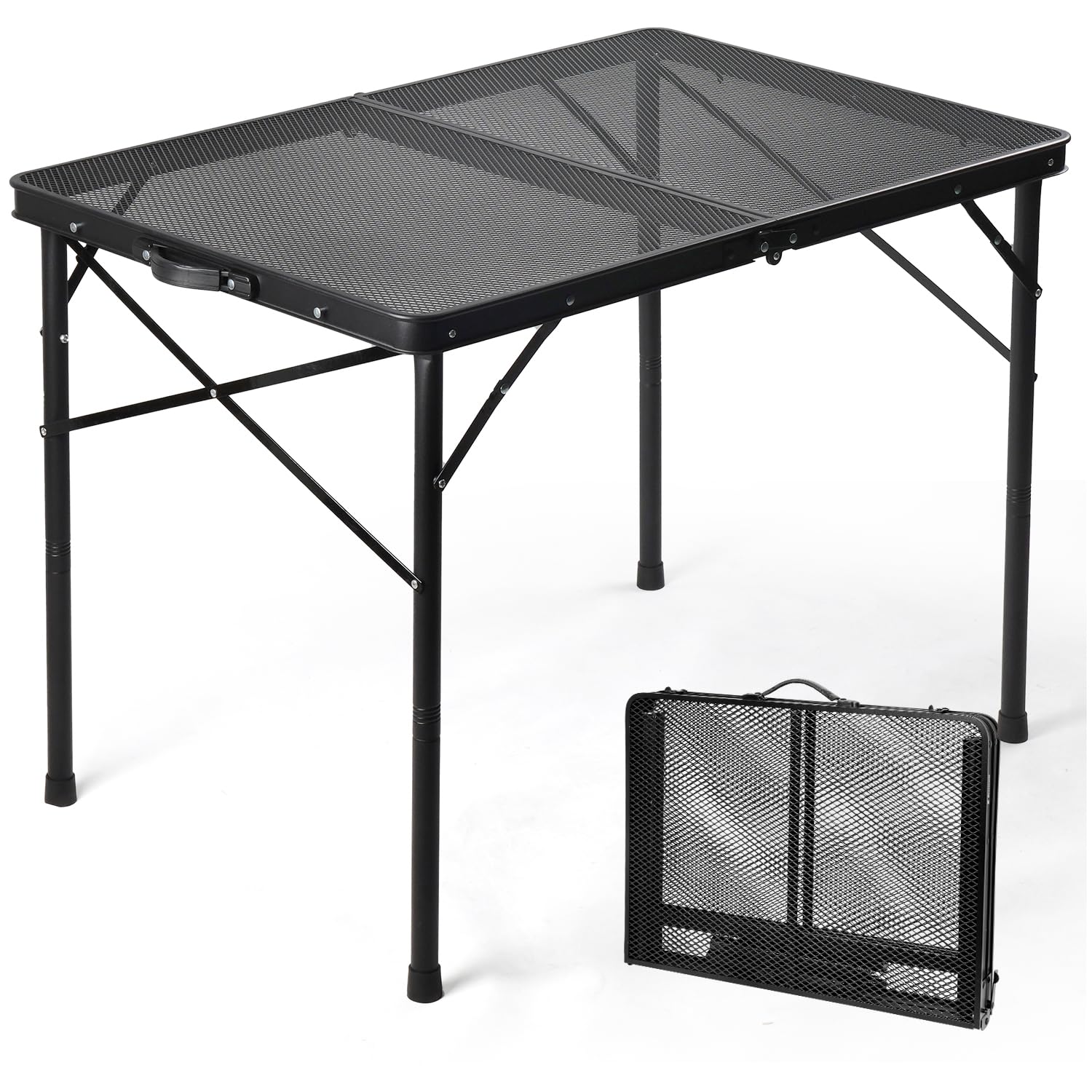2Ft Small Folding Table with Carry Handle, Camping Table Adjustable Height 10.6–22 in, Black Metal Mesh, Portable & Compact for Outdoor/Indoor,Grill Table, 23.6×15.8 in, 4 lb, 66 lb Capacity