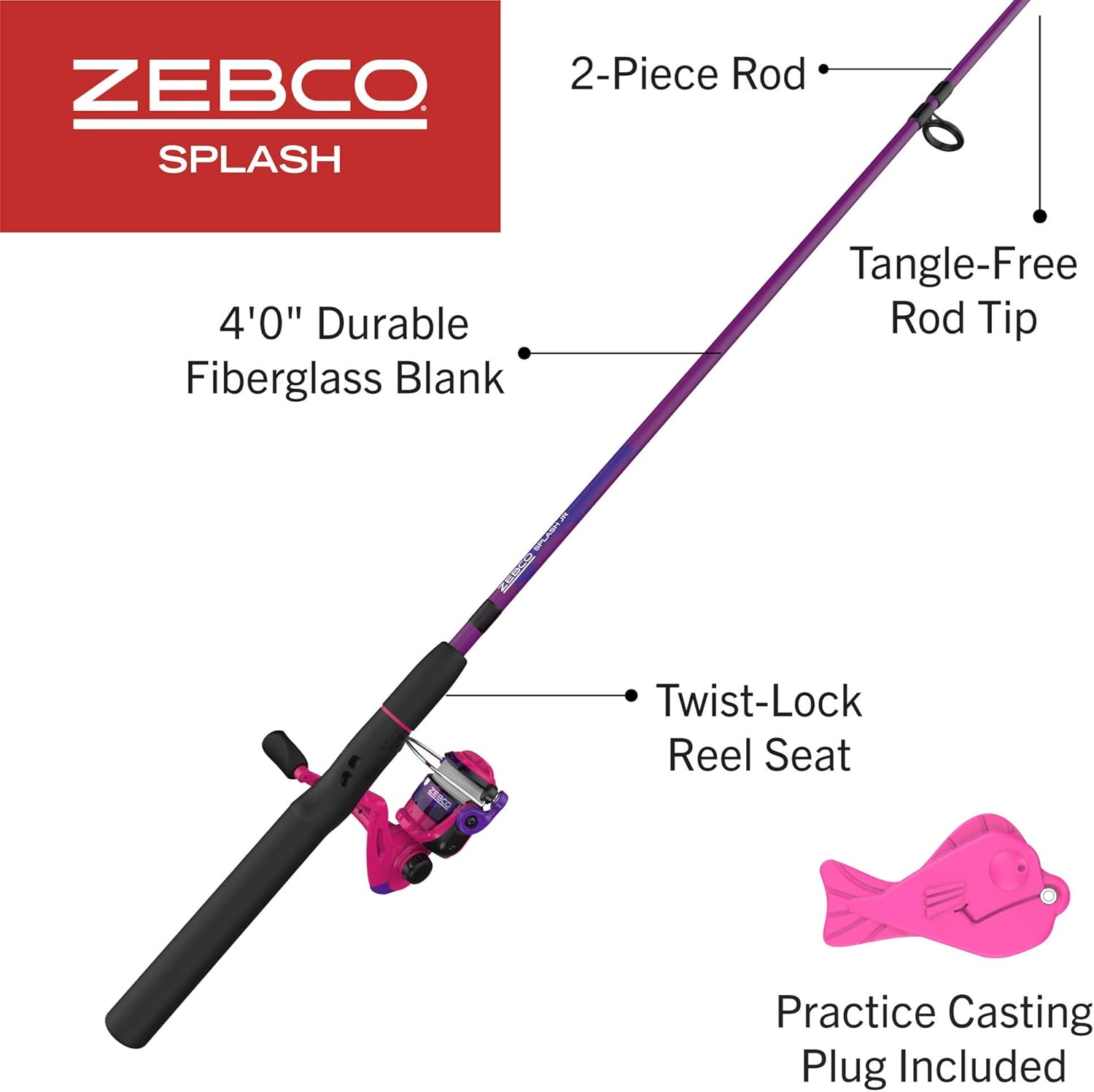 Zebco Splash Junior Spinning Reel and Fishing Rod Combo, 4-Foot 2-Piece Fishing Pole, Size 10 Reel, Changeable Right- or Left-Hand Retrieve, Pre-Spooled with 6-Pound Zebco Line