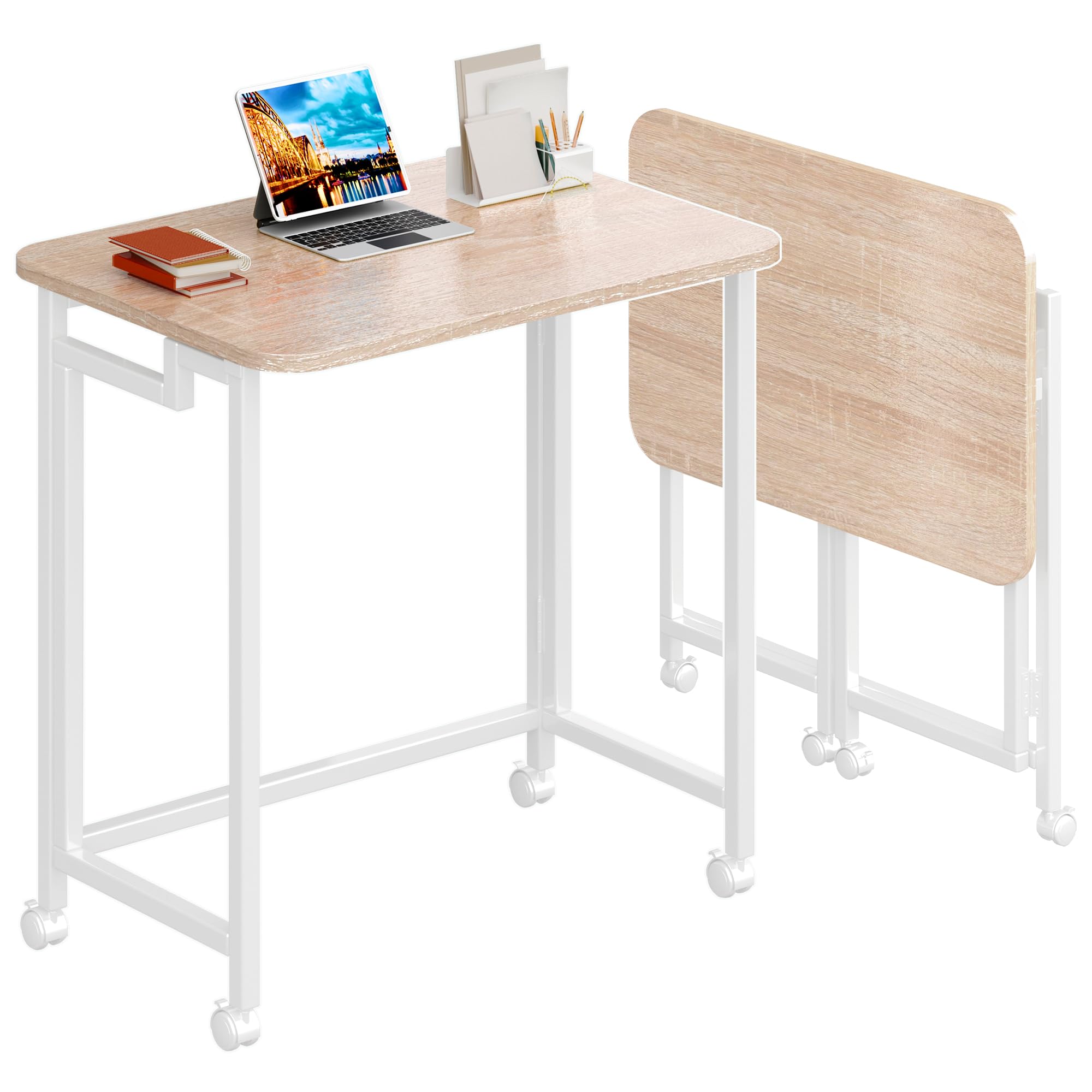 4NM 23.6" Mobile Small Rolling Computer Desk, Folding Laptop Cart Table with Wheels, Portable Office Desk for Small Space Couch Bed - All White