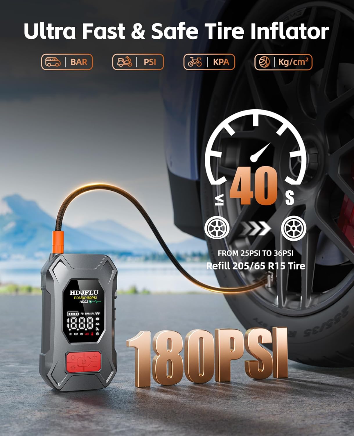 7500A Jump Starter with 180PSI Air Compressor, 24000mAh Car Battery Jump Starter(All Gas/10.0L Diesel), 65W Fast Charge, 10-in-1 Portable Auto Tire Inflator, Cigarette Lighter, Jumper Cable, LED Light