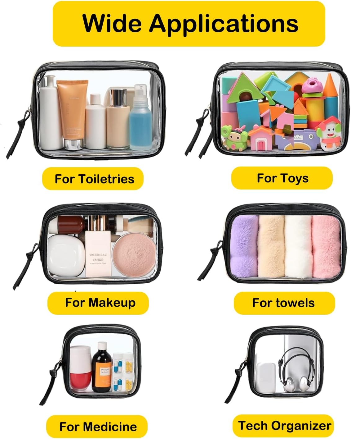 3Pcs Travel Clear Makeup Bag Set for Women, Transparent Toiletry Bag with Zipper Portable Makeup Pouch Organizer Waterproof Small Cosmetic Bag Compact Car Bag Organizer Car Accessories (Black Set)