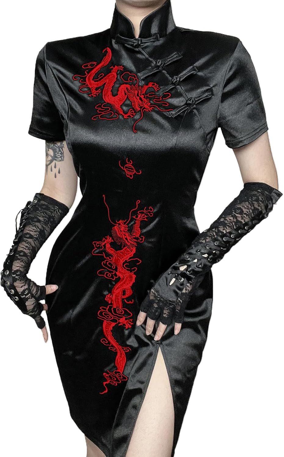 TSMNZMU Cheongsam Dress for Women Gothic Asian Sexy Midi Dress with Dragon Print