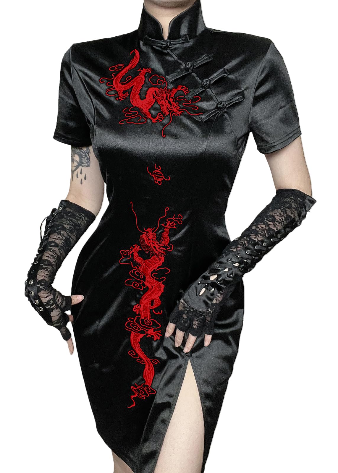 TSMNZMU Cheongsam Dress for Women Gothic Asian Sexy Midi Dress with Dragon Print