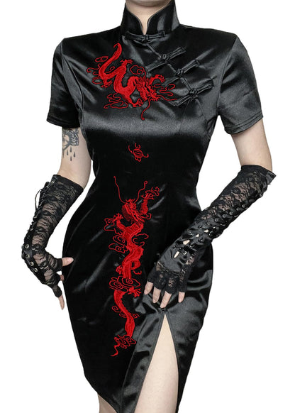 TSMNZMU Cheongsam Dress for Women Gothic Asian Sexy Midi Dress with Dragon Print