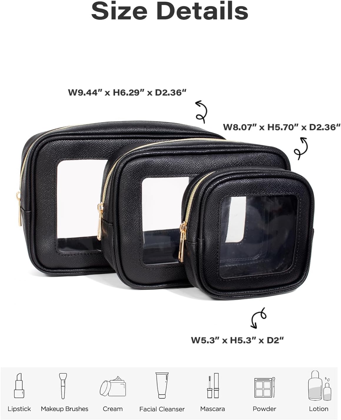 3Pcs Clear Makeup Bag Set for Women, Waterproof Travel Clear Makeup Bag Small Toiletry Bag Skincare Pouch Portable Travel Cosmetic Bag with Zipper Compact Car Organizer Bag for Essentials (Black Set)