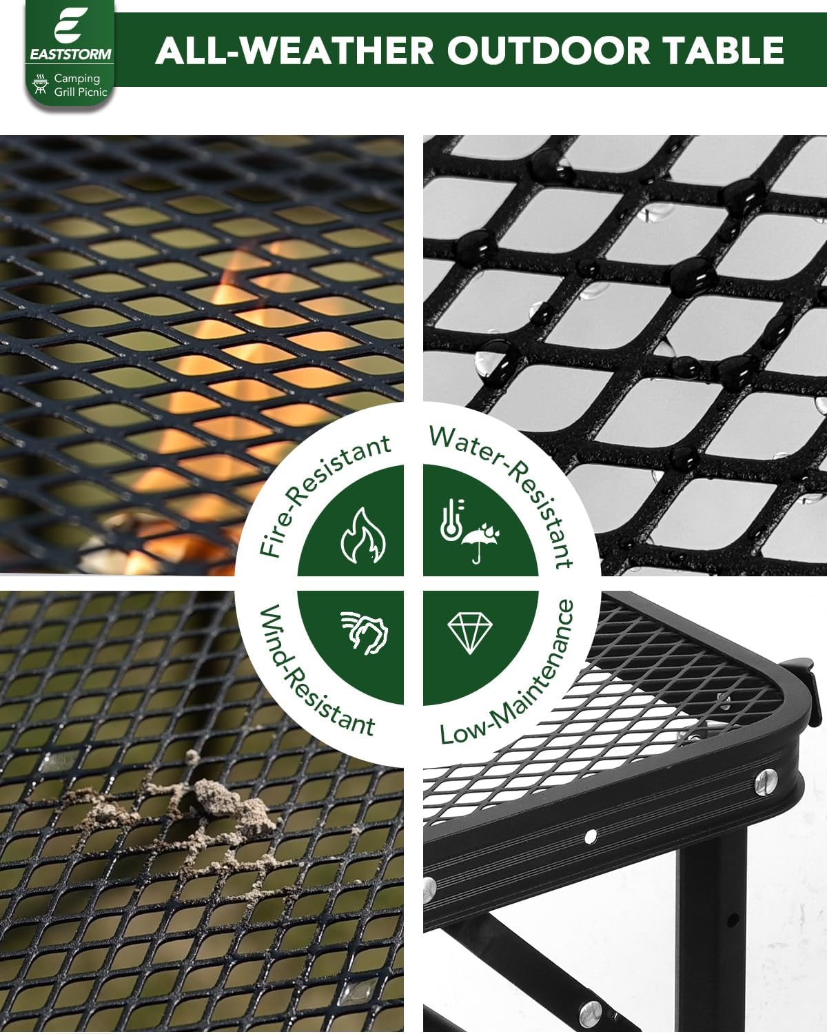 2Ft Small Folding Table with Carry Handle, Camping Table Adjustable Height 10.6–22 in, Black Metal Mesh, Portable & Compact for Outdoor/Indoor,Grill Table, 23.6×15.8 in, 4 lb, 66 lb Capacity