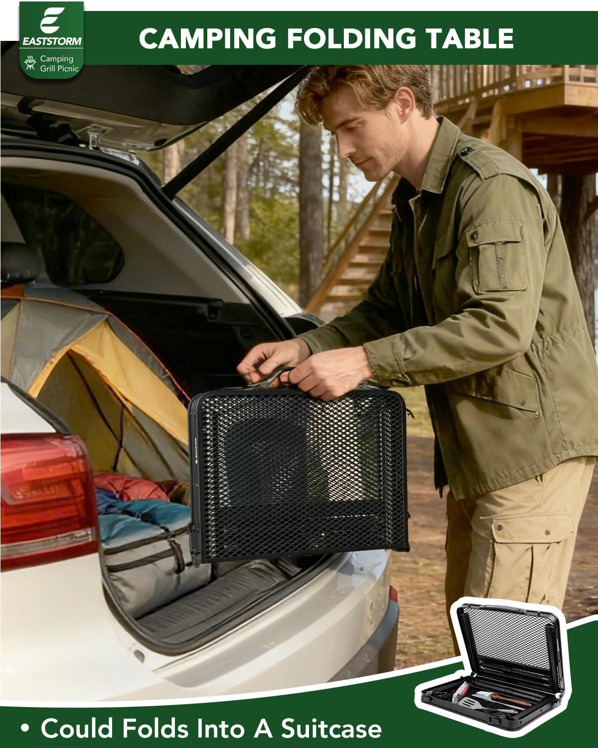 2Ft Small Folding Table with Carry Handle, Camping Table Adjustable Height 10.6–22 in, Black Metal Mesh, Portable & Compact for Outdoor/Indoor,Grill Table, 23.6×15.8 in, 4 lb, 66 lb Capacity