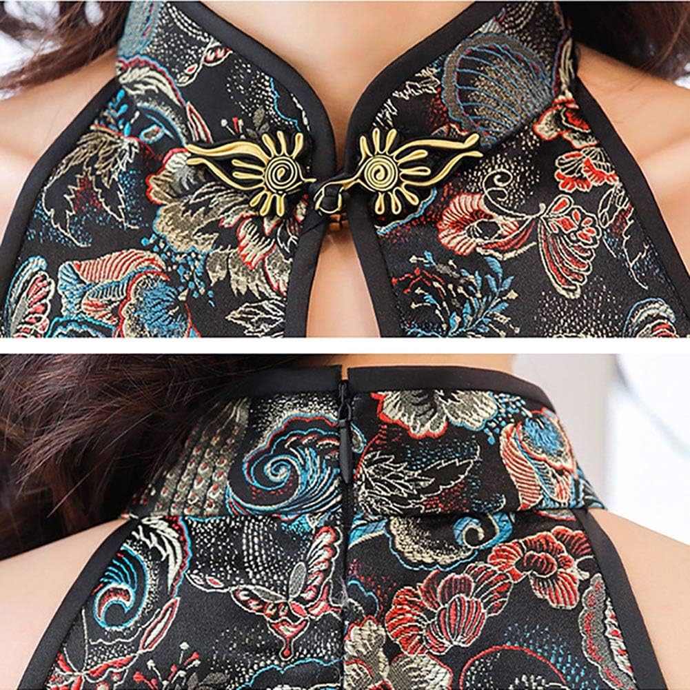 Women's Sleeveless Cheongsam Costume Mandarin Collar Chinese Traditional Dragon Phoenix Pattern Side Slit Cocktail Mini Bodycon Dress (40# Blue, M)