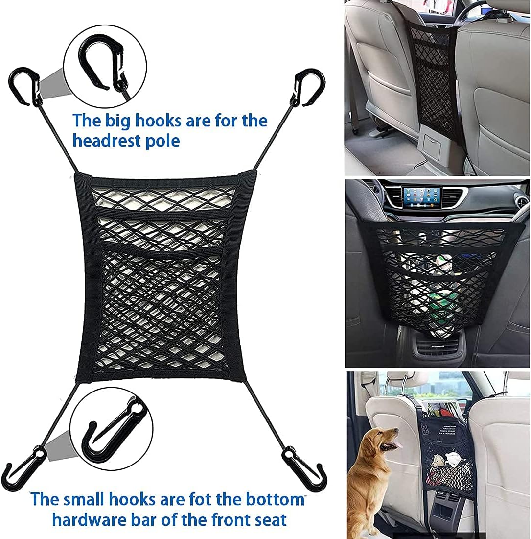 3-Layer Car Mesh Organizer, Seat Back Net Bag, Barrier of Backseat Pet Kids, Cargo Tissue Purse Holder, Driver Storage Netting Pouch（Upgrade Stretch Length）