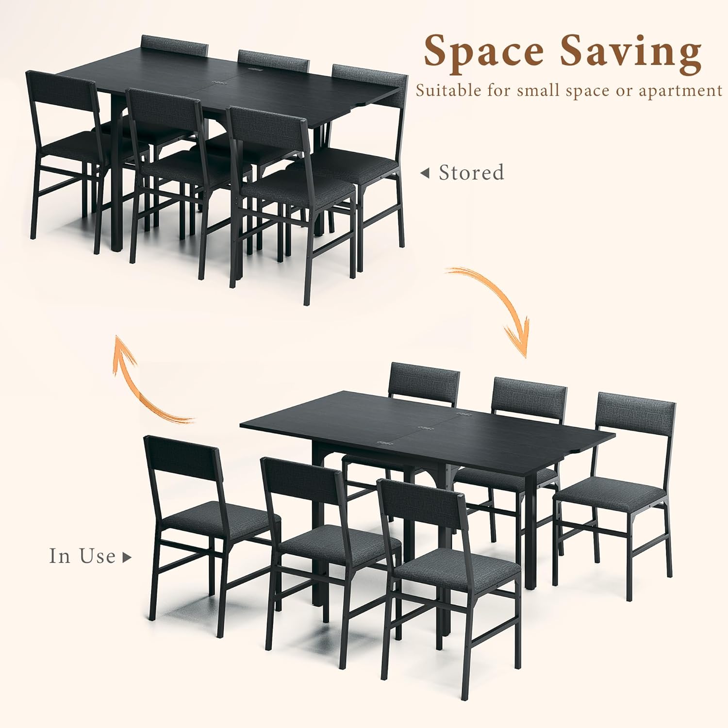 7-Piece Dining Table Set for 4-6, Extendable Kitchen Table Cushion Chairs Set of 6 with 6 Chairs, Rectangle Dining Table with Metal Frame & MDF Board, Folding for Small Apartment Saving Space, Black