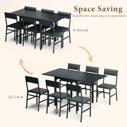 7-Piece Dining Table Set for 4-6, Extendable Kitchen Table Cushion Chairs Set of 6 with 6 Chairs, Rectangle Dining Table with Metal Frame & MDF Board, Folding for Small Apartment Saving Space, Black