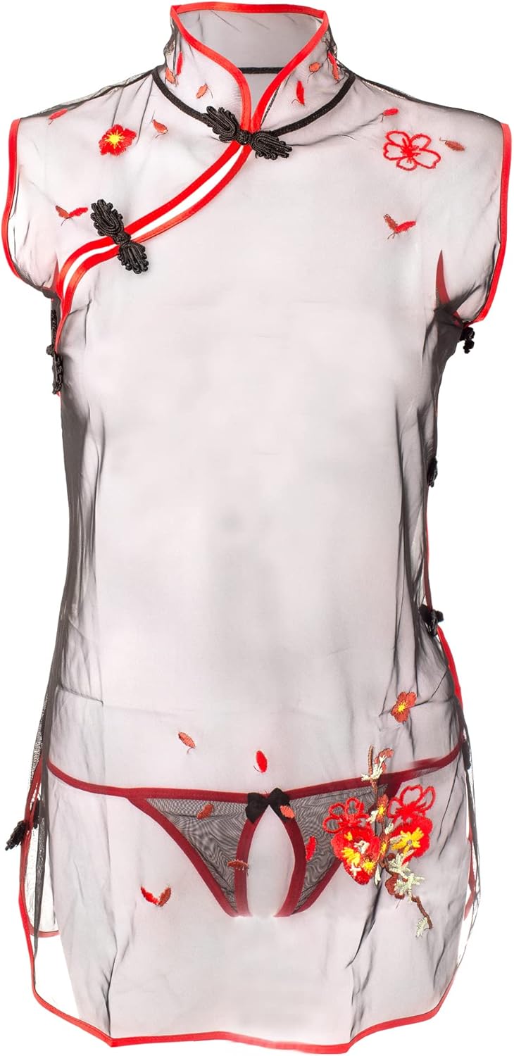 Swbreety Women's See Through Sleepwear Chinese Cheongsam Babydoll Chemise Set