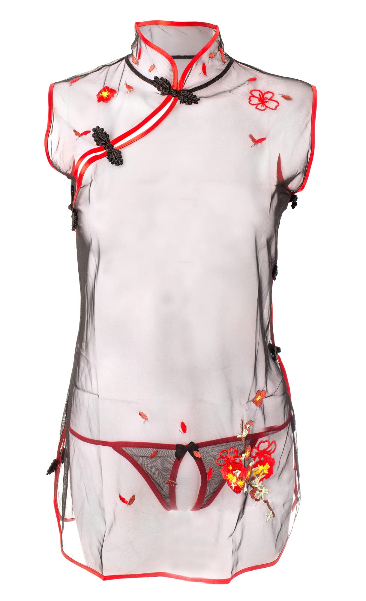 Swbreety Women's See Through Sleepwear Chinese Cheongsam Babydoll Chemise Set