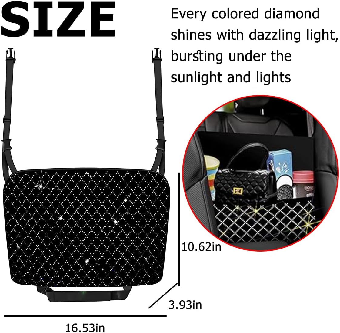 zipelo Bling Car Net Pocket Handbag Holder, Rhinestone Vehicle Backseat Purse Organizer Between Seats, Diamond Hanging Storage Bag Barrier of Pet Kids, Universal Automotive Accessories (Black)