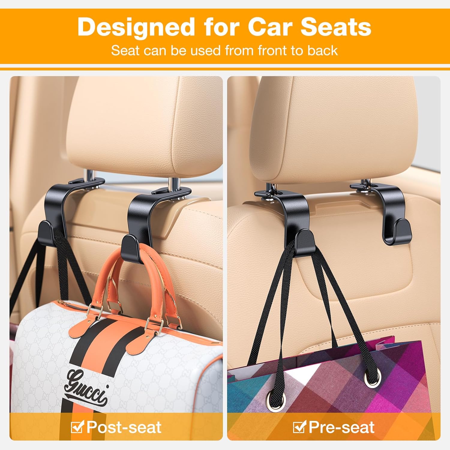 4 Pack Headrest Hooks for Car Seat Hooks for Headrest【Thickened And Durable】Purse Hook for Car Seat Storage Hook, Eco PP Car Hooks for Purse/Baby Gear/Gym Bag/Cup, Fits 0.32-0.55”Car Headrest Rods