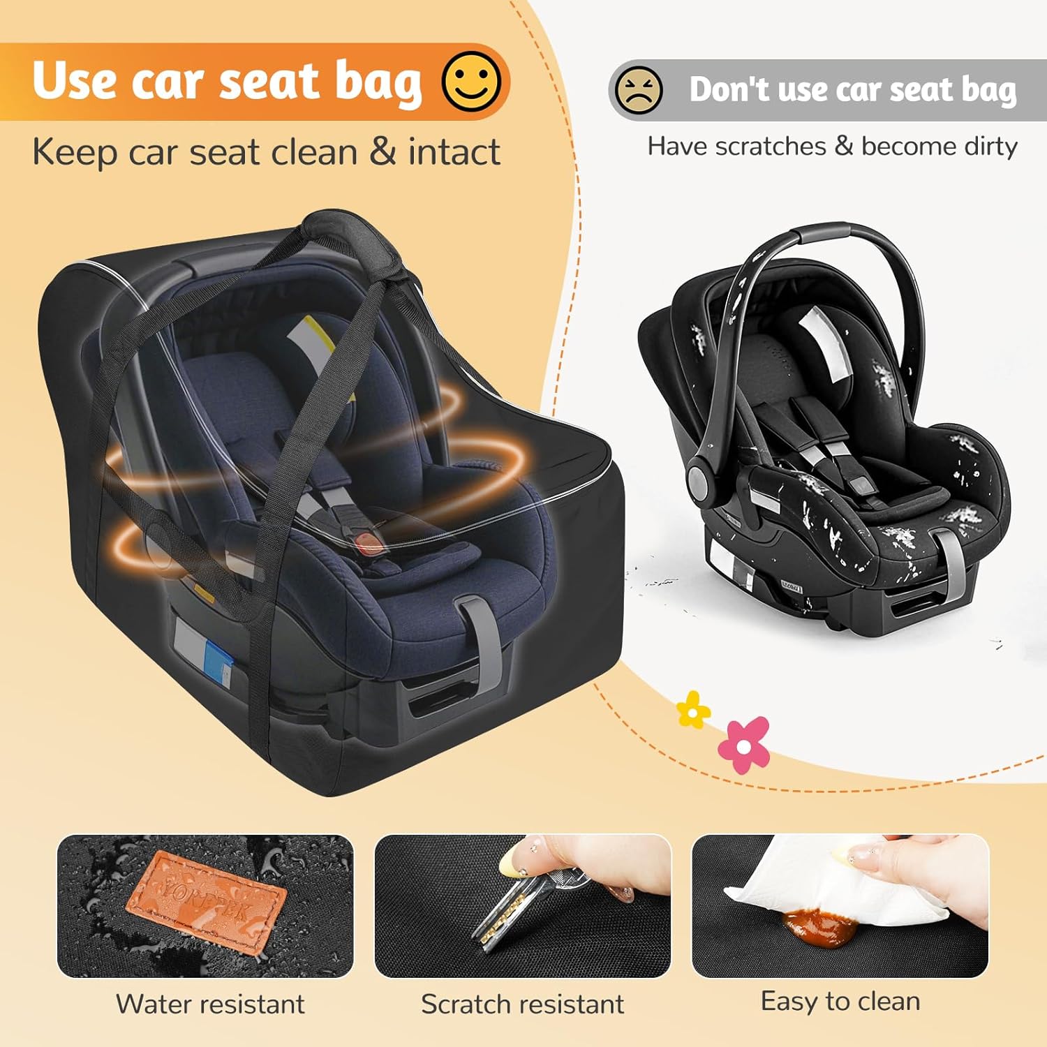 YOREPEK Car Seat Travel Bag Fits Infant Carseat with Anti-Rebound Bar Base, Padded Carseat Bags for Air Travel, Car Seat Airplane Cover with Side Pocket for Baby Essentials, Black