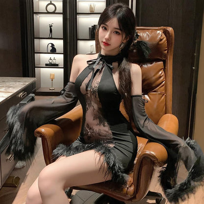 sexy cheongsam dress lingerie for women chinese Qipao cosplay Costume outfit Bodycon High Split Fluffy Feather Nightgown anime Roleplay Chemise Babydoll Sleeves Thong black